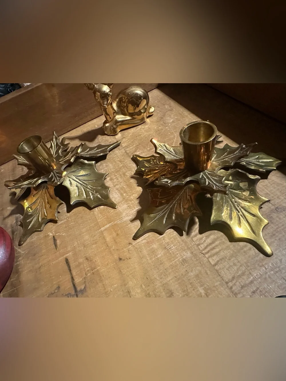 Vintage Brass Holly Leaf Candle Holders - Gold Decorative Set